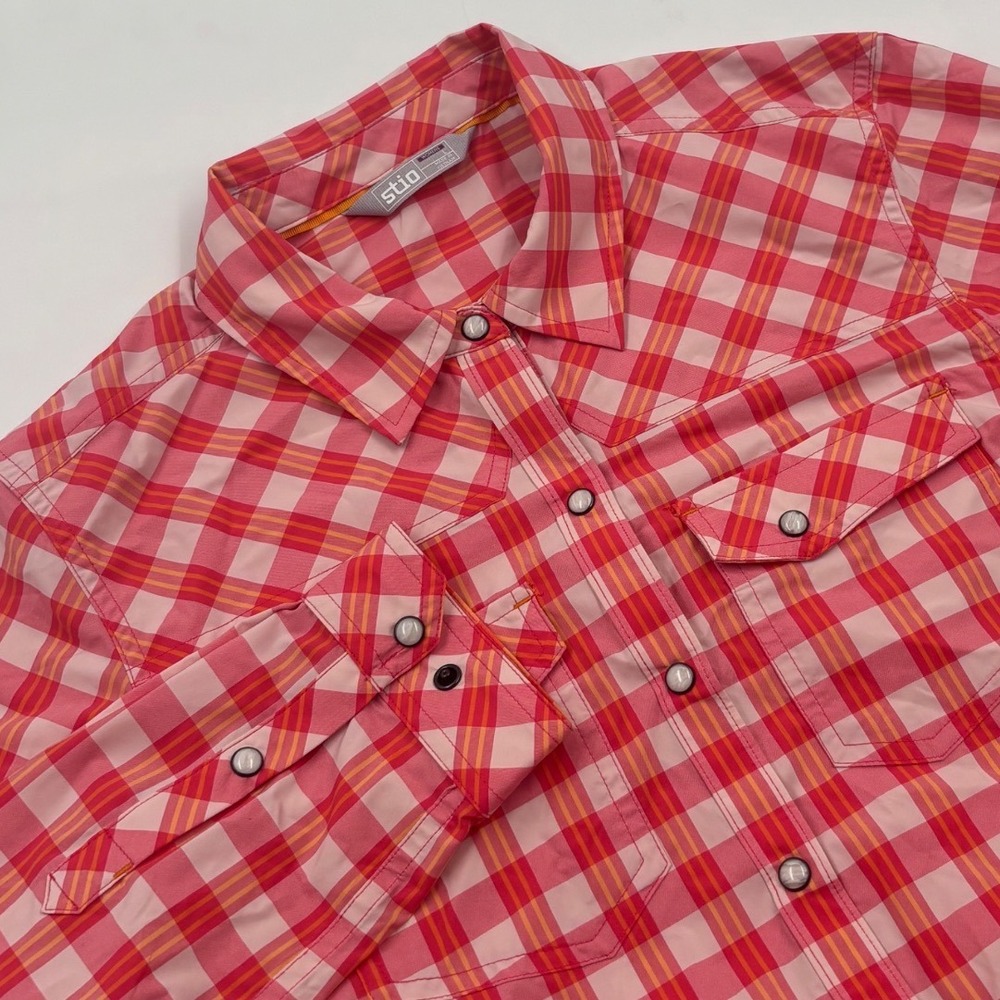 Stio Women's L Eddy Pink Orange Plaid Long Sleeve Pearl Snap Button Down Shirt